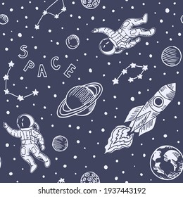 Space and astronaut seamless pattern. Starry sky background with cosmic elements. Vector illustration. 