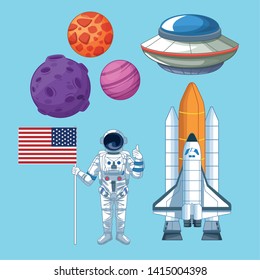 Space and astronaut set of icons, planets spaceship and ufo. vector illustration graphic design