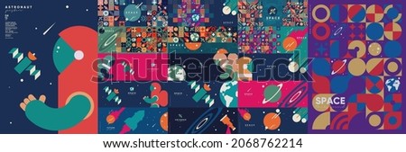 Space. Astronaut. A spaceship. Big set. Collection of vector illustrations. Simple, flat design. Patterns and backgrounds. Perfect for poster, cover, banner.