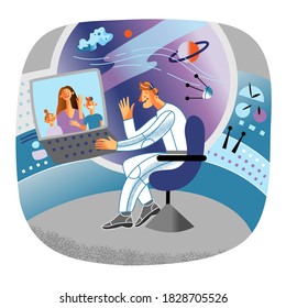 Space astronaut in spaceship calling family at home. Inside cabin of rocket interior vector illustration. Pilot in spacecraft flying to another planet, wife and children happy on call.