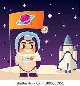 space astronaut spaceship and flag on moon galaxy cartoon vector illustration