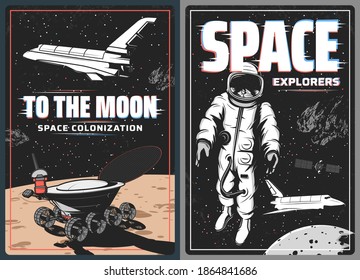 Space astronaut, spaceship and Moon planet retro vector posters with glitch effect. Universe galaxy rocket, spaceman, shuttle and satellite, lunar rover and spacesuit, space travel and exploration