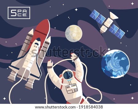 space astronaut spaceship moon planet satellite exploration vector illustration