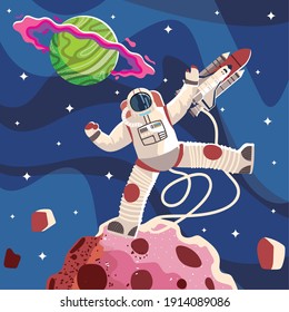 space astronaut spaceship planet and asteroid exploration vector illustration