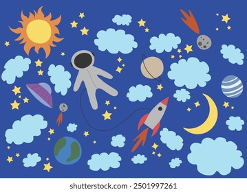 Space, astronaut, stars, Earth, planets, sky, meteorite, rocket.