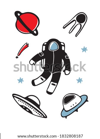 Space and astronaut stickers pack. Doodling astronaut vector. Cartoon sketch icons. Planets, comet, cosmonaft, stars, UFO