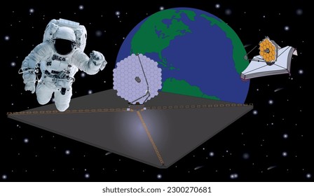 Space Astronaut in space suit near Earth planet in a front of  JWST and Luvoir modern space telescopes. Elements of this vector illustration were furnished by NASA	