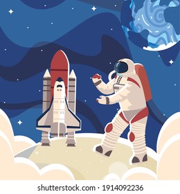 space astronaut in surface moon spaceship and planet vector illustration