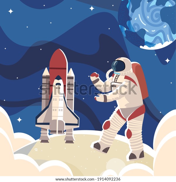 space astronaut in surface moon spaceship\
and planet vector\
illustration