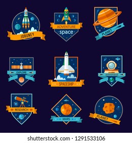 Space and astronaut vector colored badges. Labels, emblems, of space flight.