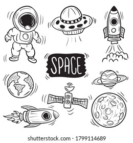 Space and Astronaut vector illustration. New and trendy linear doodle concept with hand drawn style