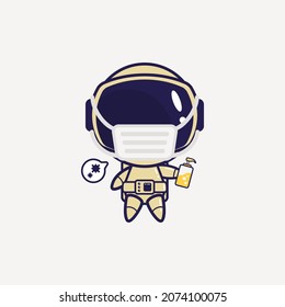 Space astronaut wearing masker and hold hand sanitizer doodle vector illustration