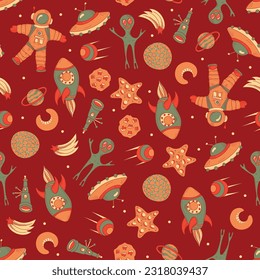 space and astronautics illustration. Hand drawn background for kids. Cartoon rocket, planet, star, astronaut. Funny drawing for posters, banners, prints, clothing. Vector illustration