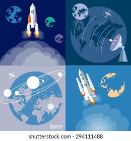 Space and astronautics rockets spaceships planets orbit satellite galaxy universe radar flat vector illustration  