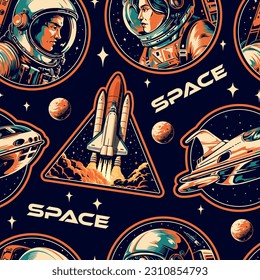 Space astronauts colorful seamless pattern with men and women going on spaceships with research mission to distant planet vector illustration