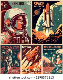 Space astronauts colorful set flyers with people in spacesuits on surface of mars and moon arrived on shuttle rocket vector illustration