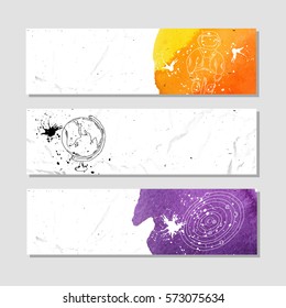 Space and astronauts. Set of white paper banner templates horizontal business banner. Vector banner corporate identity, website, banner design. Hand drawn layout background. Vector illustration