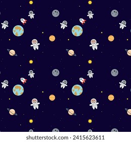 Space with astronauts stars planets spaceship seamless pattern on a blue background.