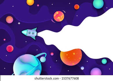 Space astronomic web banner or poster with flying rocket and empty space for text, flat cartoon vector illustration background. Exploring and fantasy traveling.