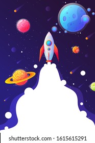 Space astronomic web banner or poster with empty space for text, flat cartoon vector illustration background. Space exploring and fantasy traveling. Web design. 
