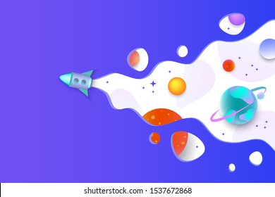 Space astronomic web header, banner or poster with flying rocket and galaxy planets, flat cartoon vector illustration background. Exploring and fantasy cosmos backdrop.