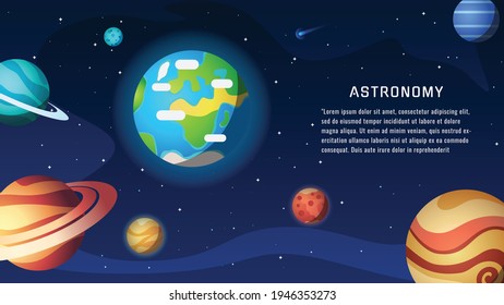 Space, Astronomy banner vector template. Stars, Planet, planetarium. Solar system vector illustration.