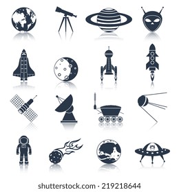 Space and astronomy black icons set with globe telescope alien isolated vector illustration