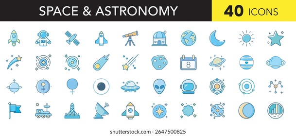 Espaço e Astronomia Conjunto de Ícones de Cor - Símbolos de Vetor Vibrantes do Cosmos, Planetas, Foguetes e Estrelas