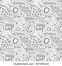 Space astronomy cute cartoon hand drawn seamless pattern. Decorative doodle hand lettering texture. Vector illustration