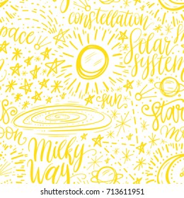 Space astronomy cute cartoon hand drawn seamless pattern. Decorative hand lettering. Vector illustration