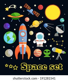 Space and astronomy decorative elements set isolated on dark background vector illustration