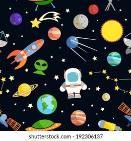 Space and astronomy decorative symbols seamless pattern vector illustration