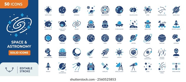 Space and Astronomy editable icon set. Containing satellite, universe, astronaut, rocket, comet, telescope and planet and more icons. Solid icon collection.