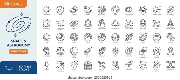 Space and Astronomy editable icon set. Containing satellite, universe, astronaut, rocket, comet, telescope and planet and more icons