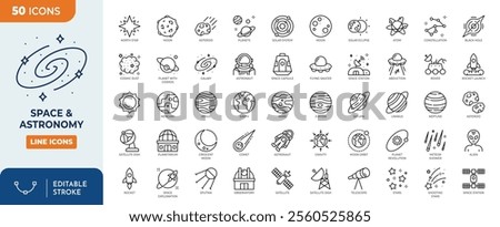 Space and Astronomy editable icon set. Containing satellite, universe, astronaut, rocket, comet, telescope and planet and more icons