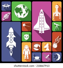 Space and astronomy flat icons set with rocket spaceman flying saucer isolated vector illustration