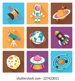 Space and astronomy flat icons set with telescope globe rocket isolated vector illustration