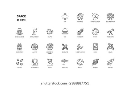 space astronomy futuristic technology cosmos detailed outline line icon set