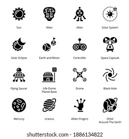 Space and Astronomy Glyph Icons - Solid, Vectors