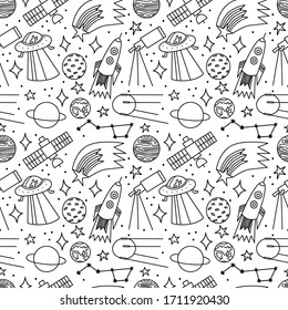 El espacio y la astronomía dibujado a mano sin fisuras. Ideal para fondo, papel pintado para niños, textil, fondo, papel de envoltura. Diseño de patrón. 