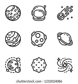 Space astronomy icon set. Outline set of 9 space astronomy vector icons for web design isolated on white background