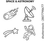 Space and astronomy icon set showing meteor, radio telescope, shooting star and astronaut for cosmic science and space travel
