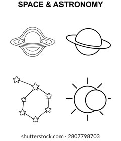 Space and astronomy icon set showing ringed planet, Saturn planet, constellation and solar eclipse for celestial sky themes
