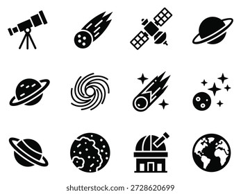 Space  Astronomy Icon Set – Telescope, Planets, Galaxy, Comet, Satellite, Earth Black Glyph Icons