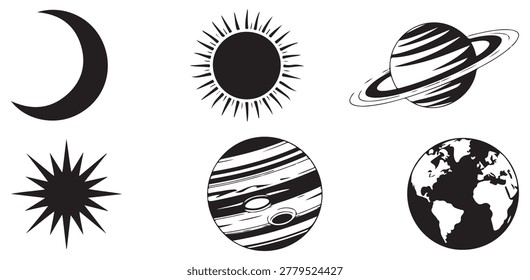 Space astronomy icons, celestial bodies, planets, moon phases, sun, stars, orbits, space exploration symbols.