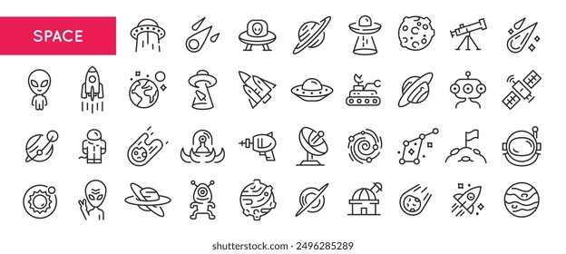 Space and astronomy icons. Large set of space and astronomy trendy minimal icons. Alien, Rocket, Planet, Telescope icon. Design signs for web page, mobile app, packaging design. Vector illustration