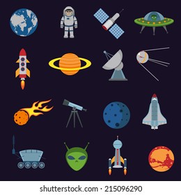 Space and astronomy icons set of rocket satellite earth alien isolated vector illustration