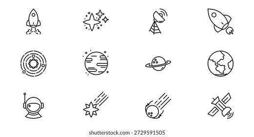 Conjunto de iconos espaciales y astronómicos: símbolos de líneas cohete, planeta, satélite, galaxia y cósmica