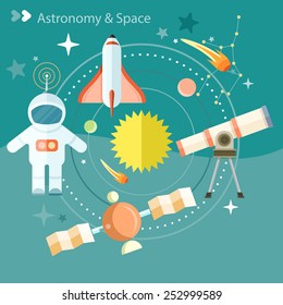 Space and astronomy icons set with telescope globe rocket astronaut. Concept in flat design cartoon style on stylish background