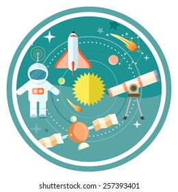 Space and astronomy icons set with telescope globe rocket astronaut. Concept in flat design cartoon style on stylish background